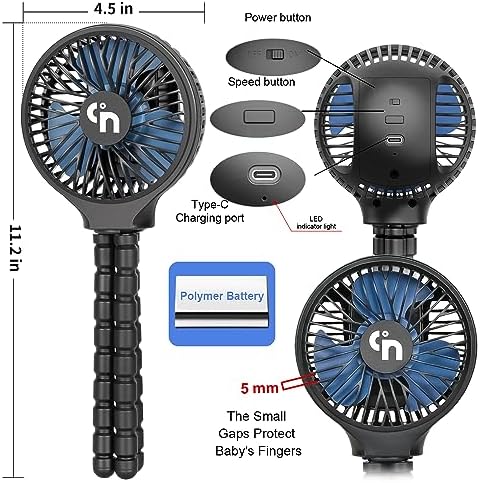 WiHoo Portable Stroller Fan, 11H Ultra-long Battery Life 3 Speed 360°Rotate, USB Rechargeable or Battery Operated Cooling Clip On for Baby Crib Travel Car Seat Black