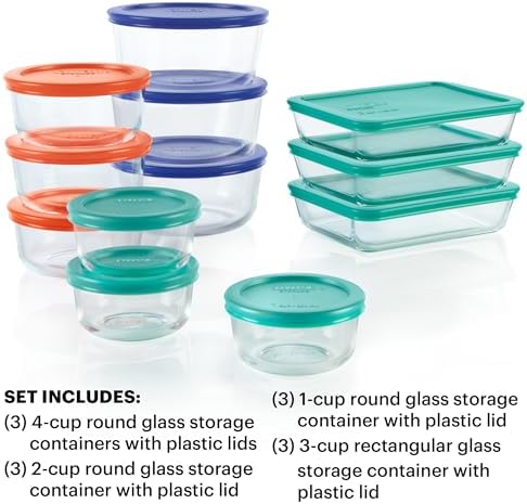 Pyrex Simply Store (12-Pack) Glass Food Storage Containers Set, (1, 2, & 3 Cup) Meal Prep Containers With BPA-Free Lids, Dishwasher & Microwave Safe
