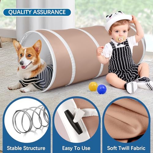 Kids Play Tunnel Tent for Toddlers, Pop Up Crawl Tunnel Toy for Baby or Pet with Neutral Color, Collapsible Gift for Boy and Girl Play Tunnel Indoor and Outdoor Game (Brown Tunnel)