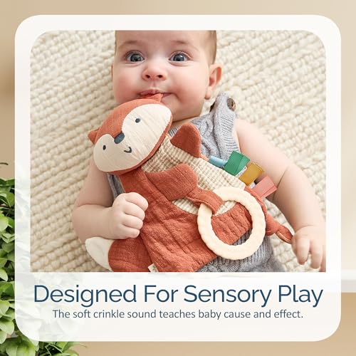 Itzy Ritzy - Bitzy Crinkle Sensory Toy Fox with Crinkle Sound for Babies & Toddlers - Features Soft Braided Teething Ring & Textured Ribbons, Designed for Ages 0 Months and Up, Fox