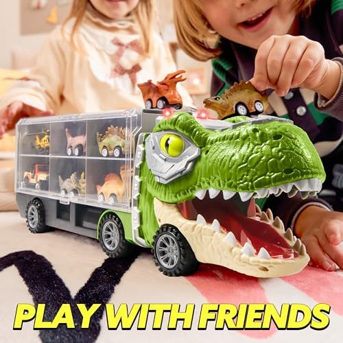 JOYIN 13 in 1 Dinosaur Toys for Kids 3-5, Dinosaur Truck with 12 Pull Back Cars, Small Cars Set, Birthday Gifts Toys for 3 4 5+ Year Old Boy, Transport Carrier Truck for Toddlers 3-4 Years