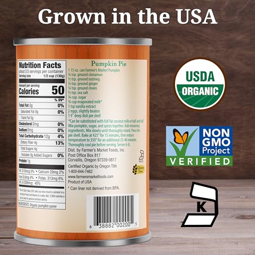 Farmer's Market Foods Canned Organic Pumpkin Puree, 15 Ounce (Pack of 12)