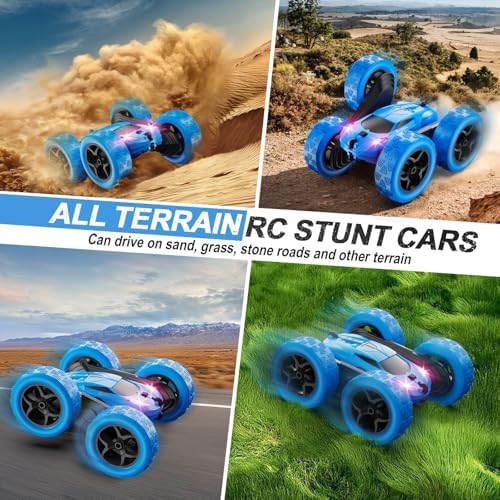 Remote Control Car, RC Cars Toys for Kids Ages 6-12, 4WD Stunt Car with LED Lights & 360° Flips, 2.4GHz, Upgraded USB-C Modular Batteries, 8-10 Year Old Boys Birthday Gift 1-Blue
