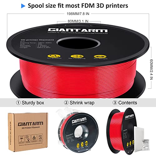 GIANTARM 3D Printer Filament, Red Pla Filament, 1Kg(2.2lbs) Spool, 1.75mm Dimension Accuracy +/- 0.03mm, 3D Printing Filament