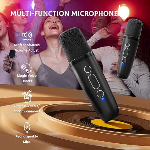 IROO Mini Karaoke Machine for Kids, 2025 TOP Toys Birthday Gifts Ideas for Girls Ages 4, 5, 6, 7, 8, 9, 10, 12+ Years Old, Portable MP3 Player with 2 Wireless Mics for Party(Black)