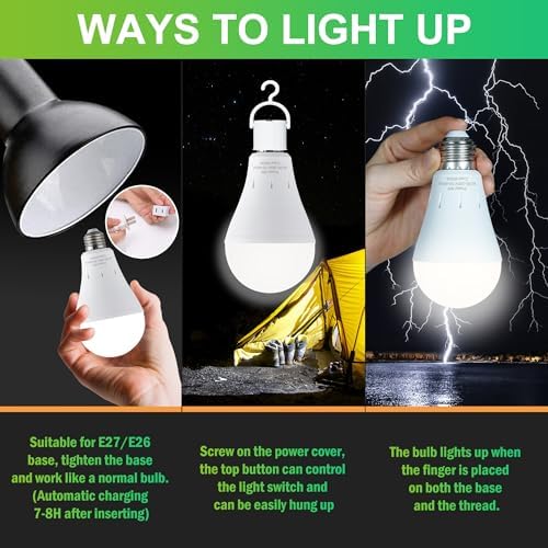 6 Pack Rechargeable Emergency Light Bulbs, Battery Powered Energy Efficient LED Light Bulb 6000K Daylight E26 120 Volt 9W 60W Equivalent with 1200mAh for Home Power Outage Camping Hurricane