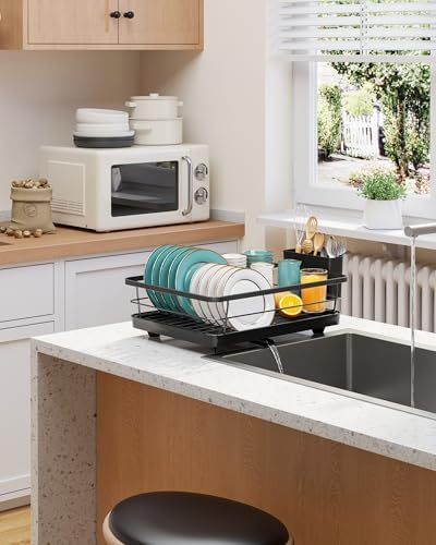 Stainless Steel Dish Drying Rack for Kitchen Counter, Sink Organization and Storage Essentials with Silverware & Utensil Holder, Home and Apartment Decor, 12''W x 15.6''L, Black