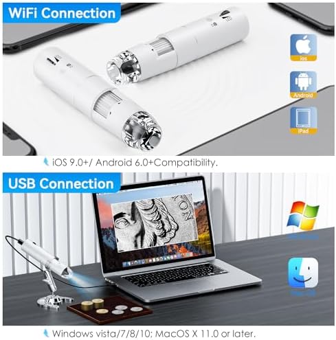 Wireless Digital Microscope, Skybasic 50X-1000X Magnification WiFi Pocket Handheld Microscopes with Stand HD USB Microscope Camera Compatible with iPhone Android iPad Windows Mac Computer (White)