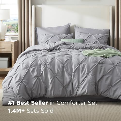 Bedsure Queen Comforter Set Grey - Bed in a Bag Queen Size 7 Pieces, GentleSoft™ Pintuck Bed Set Gift for Family, Pinch Pleat All Season Comforter with Sheets, Pillowcases & Shams