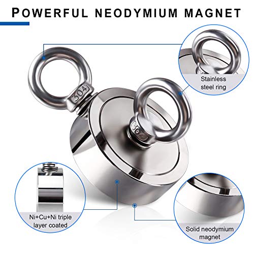 DIYMAG Strong Double Side Neodymium Fishing Magnets,1300 lbs(590KG) Pulling Force Rare Earth Magnet with 20m (65 Foot) Durable Rope and Protective Gloves,for Retrieving in River and Fishing