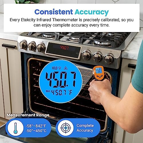 Etekcity Infrared Temperature Thermometer Gun, Laser Food Temp Gun for Pizza Oven, Griddle, Grill, Meat, Candy, Vehicle's Engine, Surface Temp Reader -58°F to 842°F, Orange