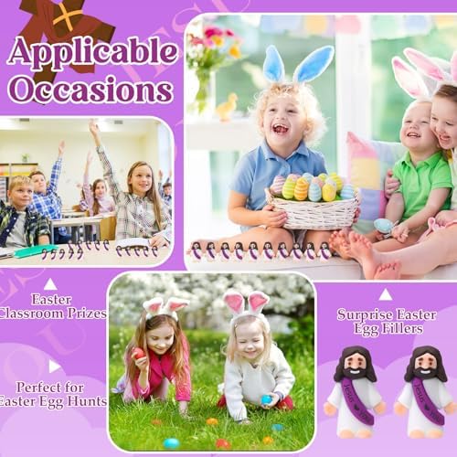 Bememo 100 Pcs Little Jesus Figures Jesus Loves You Original Design Rubber Pocket Toys Little Figures to Hide and Seek Sunday School Religious Party Share Gifts(Purple)