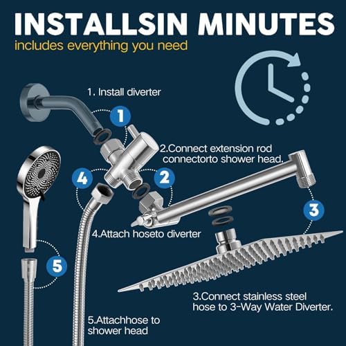 Shower Head,8”Rain Shower Head with Handheld Spray Combo with 11'' Angle Adjustable Extension Arm/Flow Regulator/Shower System,High Pressure Rainfall Shower Head Bathroom,Chrome