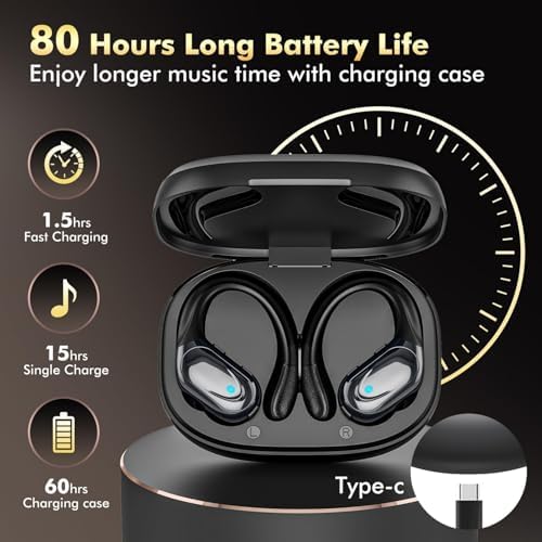Wireless Earbuds, Sports Bluetooth Headphones, 80Hrs Playtime Ear Buds with LED Power Display, Noise Canceling Headset, IPX7 Waterproof Earphones for Workout/Running