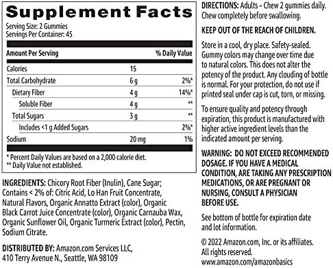 Amazon Basics (previously Solimo Fiber 4g Gummy - Digestive Health, Supports Regularity, Orange, Lemon & Strawberry, 90 Gummies (2 per Serving) (Pack of 2)