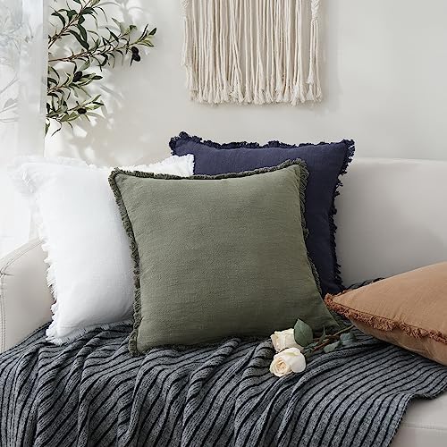 Foindtower Set of 2 Decorative Linen Fringe Throw Pillow Covers Cozy Boho Farmhouse Cushion Cover with Tassels Soft Accent Pillowcase for Couch Sofa Bed Living Room Home Decor,18×18 Inch,Olive Green