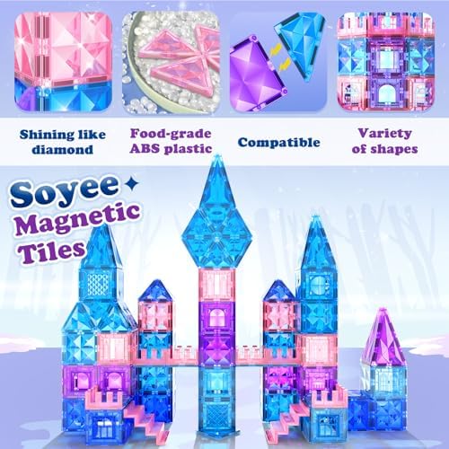 Magnetic Tiles 102pcs with 2 Stairs 2 Dolls Princess Castle Building Girls Toys Age 4-5 6-8 Magnetic Blocks Birthday Xmas Gifts for Girls Toys for 3 4 5 6 7 8+ Year Old