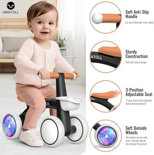 Umatoll Colorful Lighting Baby Balance Bike Toys for 1 Year Old Boys Gifts, Adjustable Seat Baby Walker, One Year Old Boy Birthday Gifts, 12-24 Months Toddler First Ride on Toys