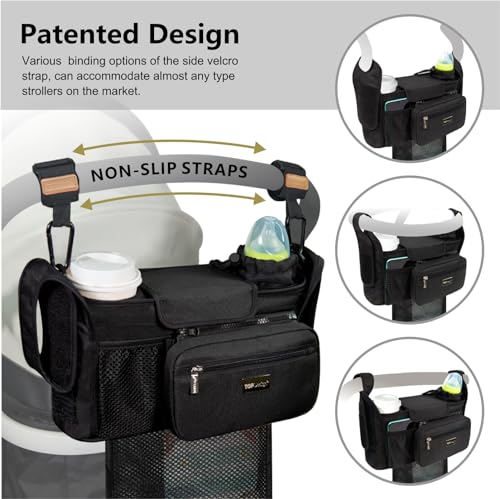 TOPDesign Universal Baby Stroller Organizer, Stroller Caddy with Detachable Mesh Bag & Heightened Insulated Cup Holders & Non-Slip Secure Hooks Accessories, Fits Most Strollers (Checkerboard)
