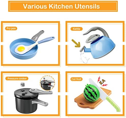 130Pcs Kitchen Playset, Toddler Pretend Cooking Play Pots, Pans, Utensils Cookware, Daily Food Fruit Veges, Shopping Storage Basket, Dessert, Prop Money, Learning Gift for Child (Blue)