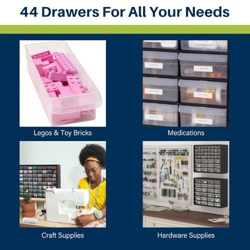 Akro-Mils 44-Drawer Plastic Drawer Storage Cabinet for Garage Organization, Bead Organizer, Building Bricks Storage, Teacher Toolbox, Makeup Organizer, 20-Inch W x 6-Inch D x 16-Inch H, 10144 White