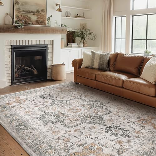 GENIMO 5X7 Area Rugs for Living Room, Machine Washable Non Slip Vintage Rugs, Low Pile Lightweight Chenille Print Rug for Bedroom, Dining Room, Home Office, Light Taupe Brown