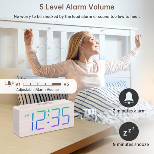 DreamSky Wooden Digital Clock for Bedroom Desk - RGB Loud Alarm Clock for Heavy Sleepers with Volume Control, Large Numbers with Dimmer for Living Room Office, Wood Decor (Adapter Powered)