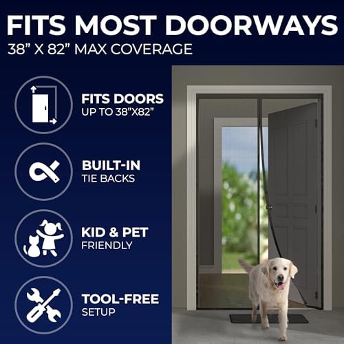 Upgraded Magnetic Screen Door - Bugs Out, Breeze in - 9min Install Auto-Sealing Heavy Duty Double Stitched Mesh, 52 Magnets, Hands Free Patio Door Net, Pet & Kid Friendly, 38 x 82 Inch, Flux Phenom