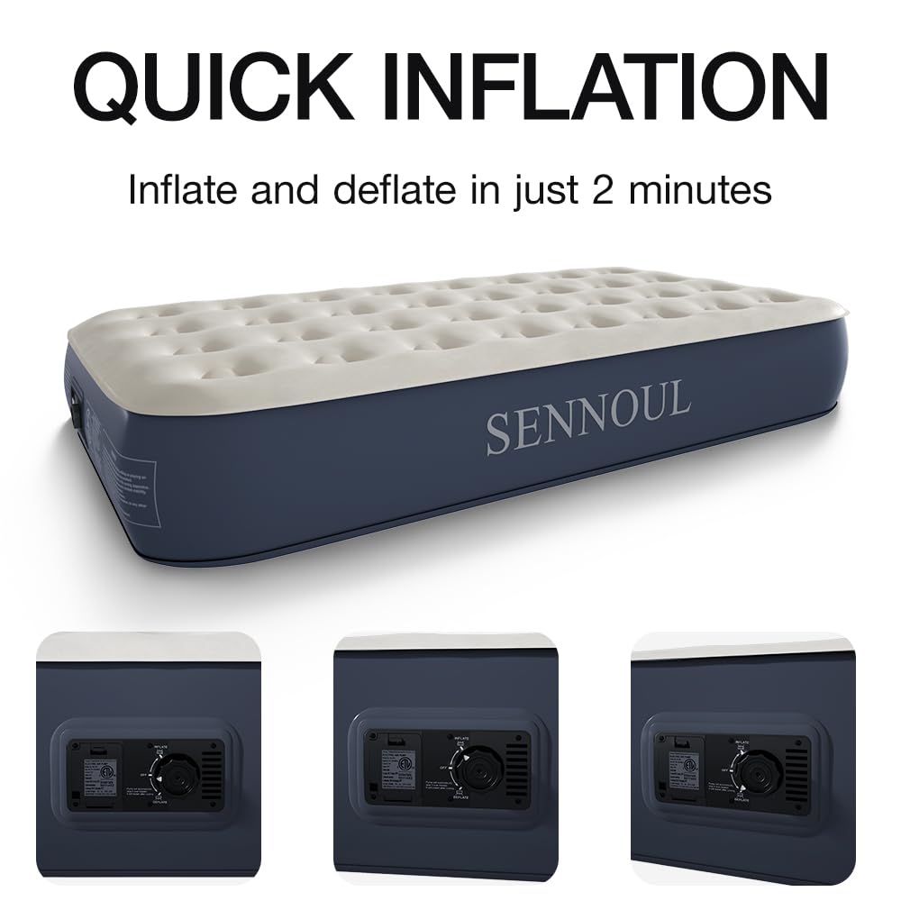 SENNOUL Air Mattress Twin with Built in Pump - 2 Mins Quick Self Inflatable,13"/550lbs Max Blow Up Bed, All Night Stability No Lost Air,No Peculiar Smell for Camping,Home,Guests & Portable Travel