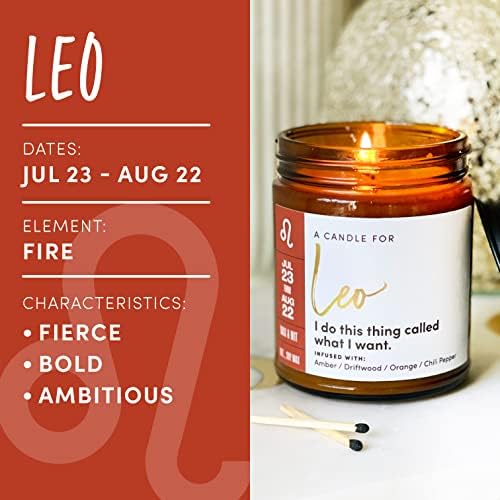 WAX & WIT Leo Zodiac Candle Astrology July August Birthday Gifts for Women, Leo Zodiac Gifts for Women 50 Hour Burn Time 9oz