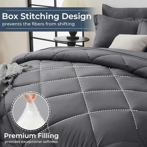 HEVUMYI 7 Pieces Queen Comforter Set, All Season Reversible Bed in a Bag Queen, Ultra Soft Queen Bedding Set with Grey Comforter, Flat Sheet, Fitted Sheet, Pillowcases, Pillow Shams, Dark Grey