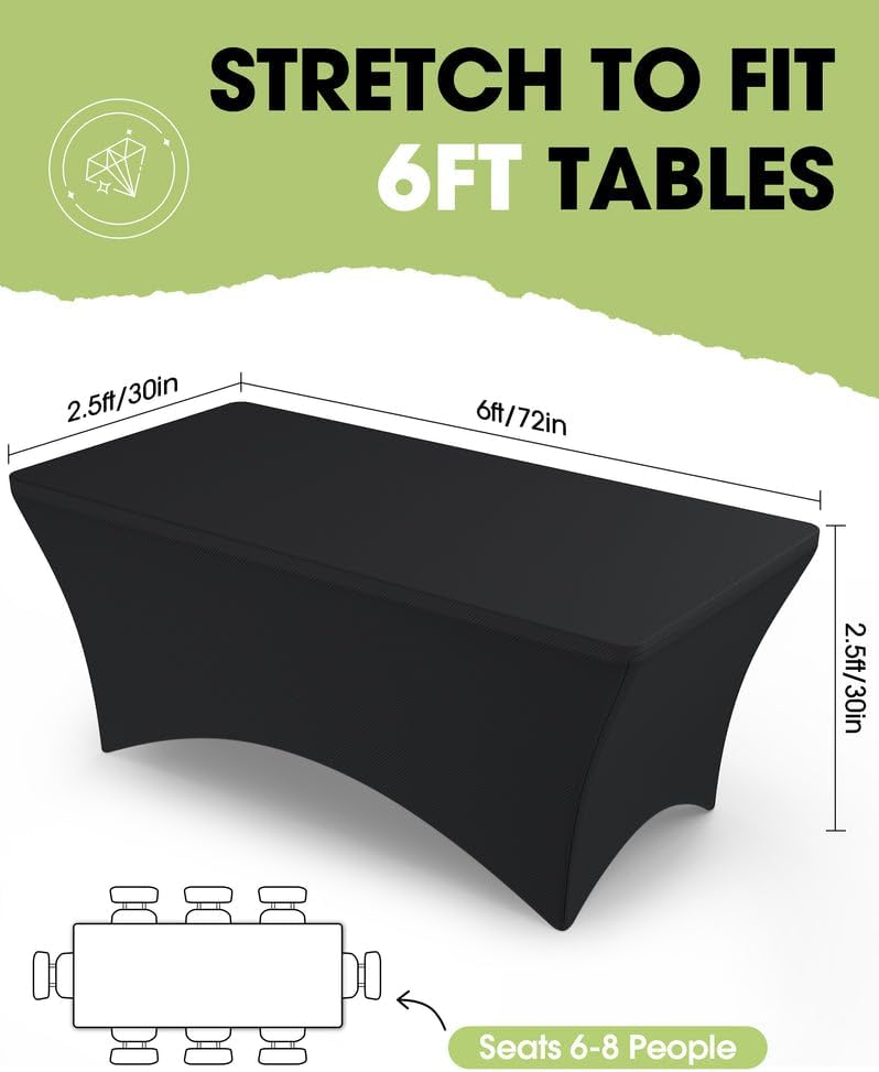 Pureegg Spandex Tablecloth 6ft - 2 Pack, Fitted and Tight Cloth for Rectangle Table, Wrinkle-Free and Stretch Table Cover for Party, Wedding, Banquet and Birthday, Black