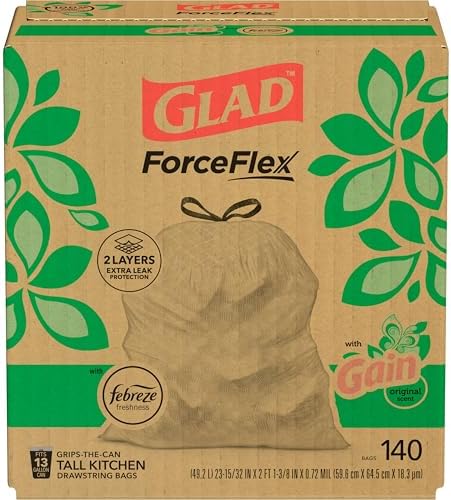 Glad ForceFlex Tall Kitchen Trash Bags, 13 Gallon, Gain Original, 140 Count (Package May Vary)