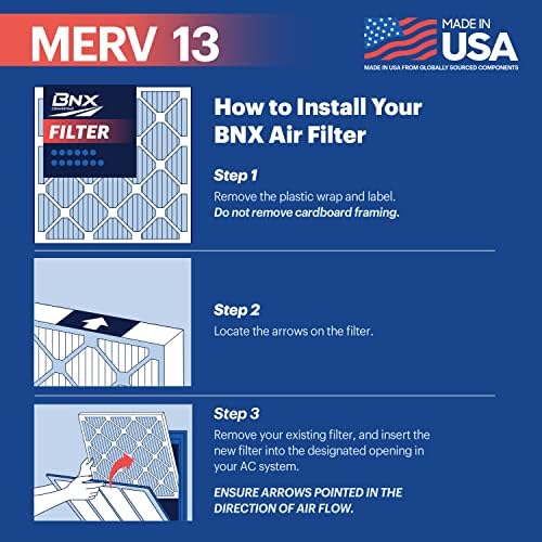 BNX TruFilter 20x25x1 Air Filter MERV 13 (6-Pack) - MADE IN USA - Electrostatic Pleated Air Conditioner HVAC AC Furnace Filters for Allergies, Pollen, Mold, Bacteria, Smoke, Allergen, MPR 1900 FPR 10