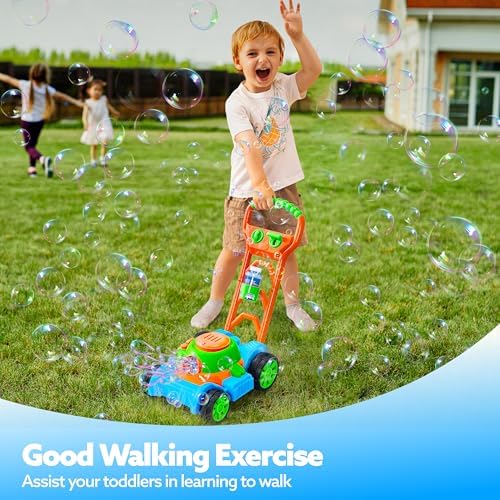 SLOOSH Bubble Lawn Mower Toddler Toys - Pretend Play Bubble Blower Machine Gardening Toy Leak-Proof for Indoor Outdoor Use, Push Toys Preschool Baby Boys Kids Halloween Birthday Gifts (Blue)