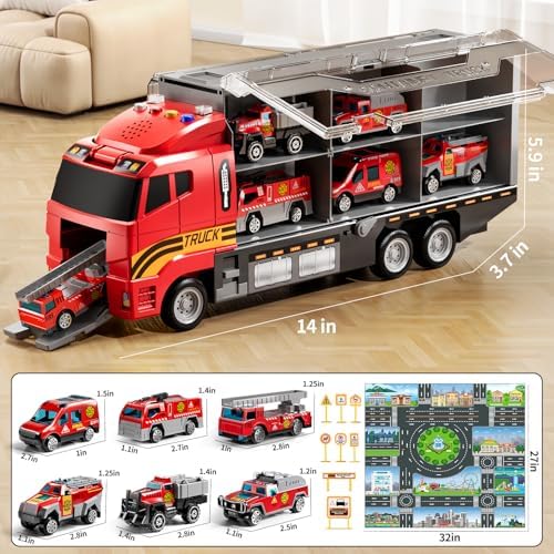 Toddler Boys Toys for 3-5 Years Old, Fire Truck Vehicle Set with Play Mat, Die-Cast Toy Car Carrier Truck for Kids, Birthday Gifts Toys for 3-8+ Year Old Boys