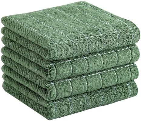 Homaxy 100% Cotton Terry Kitchen Towels(Grass Green, 13 x 28 inches), Checkered Designed, Soft and Super Absorbent Dish Towels, 4 Pack