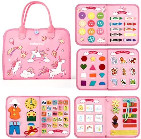 hahaland Toddler Busy Board Montessori Toys, Preschool Educational Learning Toys for 3 Year Old Girl Gifts with Life Skills, Alphabet, Number, Shape, Color, Animal, Weather - Toddler Girl Travel Toy