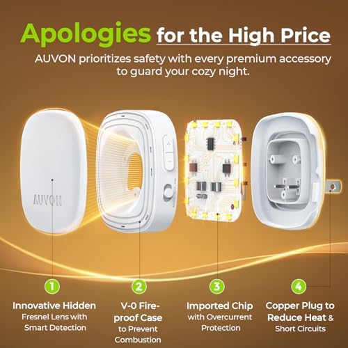 AUVON Plug-in LED Backlit Night Light with Motion Sensor & Dusk to Dawn Sensor, Dimmable Warm White Nightlight with 1-50 lm Adjustable Brightness for Bathroom, Bedroom, Hallway, Stairs (2 Pack)