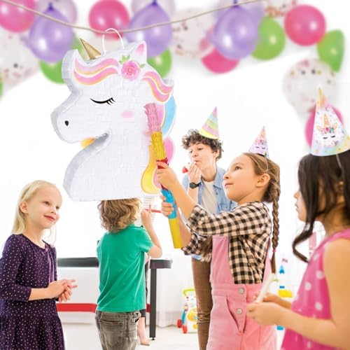 WERNNSAI Unicorn Piñata - Unicorn Party Supplies Piñata Bundle with Blindfold and Bat for Girls Kids Rainbow Unicorn Theme Birthday Party Game Decorations (15.7" x 12.2" x 3.1")