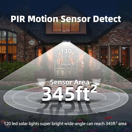 HMCITY 120 LED Outdoor Solar Lights with Motion Sensor and 3 Lighting Modes, IP65 Waterproof Wide Solar Wall Lights Ideal for Garden Patio Yard (6 Packs)