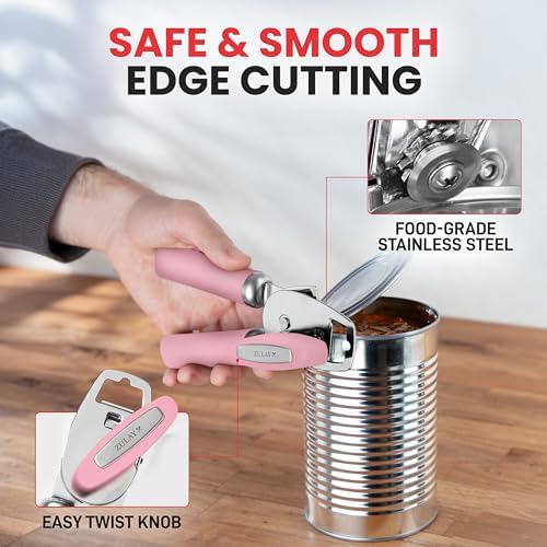 Zulay Kitchen Heavy Duty Stainless Steel Can Opener Manual with Bottle Opener - Rust Proof Manual Can Opener With Turn Knob & Soft Grip Handles