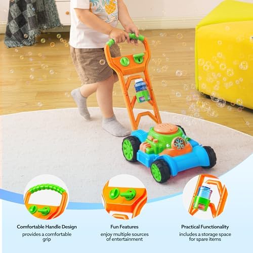 SLOOSH Bubble Lawn Mower Toddler Toys - Pretend Play Bubble Blower Machine Gardening Toy Leak-Proof for Indoor Outdoor Use, Push Toys Preschool Baby Boys Kids Halloween Birthday Gifts (Blue)