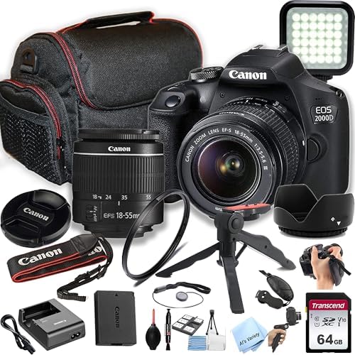 Canon EOS 2000D / Rebel T7 DSLR Camera w/EF-S 18-55mm F/3.5-5.6 Zoom Lens + 64GB Memory, LED Video Light, Case, Gripster Tripod, and More (Essential Bundle) (Renewed)