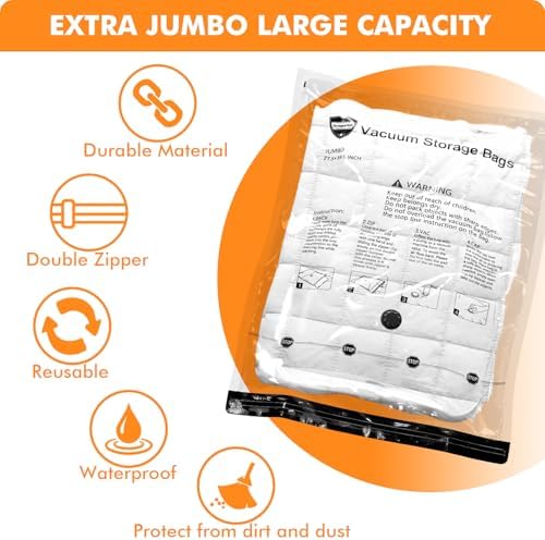 Vacuum Storage Bags Jumbo (12 x Jumbo),Plastic Packaging Bags,Space Saver Sealer Compression Bags for Blankets, Comforters, Pillows, Bedding,Clothes Storage