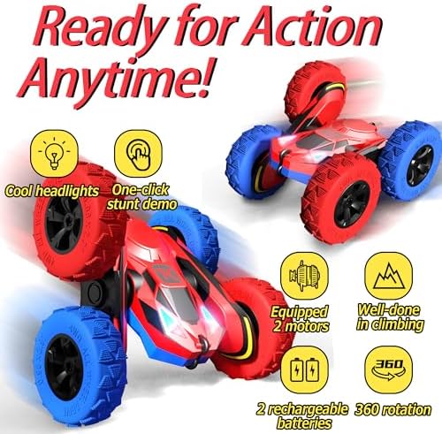 Threeking RC Stunt Car Remote Control Cars with Lights Double-Sided Driving Indoor Outdoor Toys Gifts Presents for 6 7 8 9 10 11 12 Year Old Kids Boys Girls