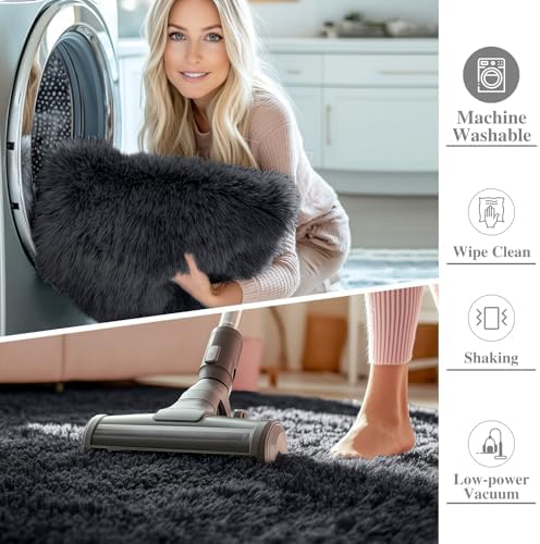 OLANLY Area Rugs for Living Room Bedroom, Machine Washable 4x5.9 ft Soft Fluffy Shaggy Bedside Rug, Indoor Floor Carpet for Kids Girls and Boys, Dorms, Nursery Rooms, Home Decor Aesthetic, Black