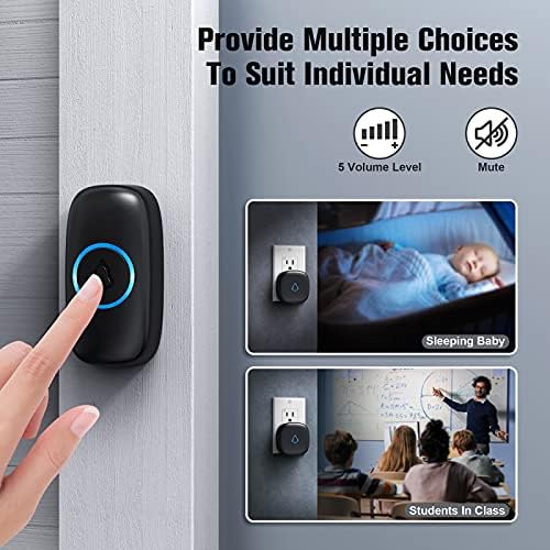 SECRUI Wireless Doorbell with 2 Buttons, Waterproof Mini Doorbell 1,000ft Range 110dB Mute Mode 58 Door Chimes & Colorful LED Flashing - Black