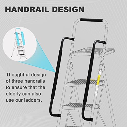 HBTower Step Ladder, Folding Step Stool with Wide Anti-Slip Pedal, Sturdy Steel Ladder, Convenient Handrail, Lightweight, Portable Steel Step Stool
