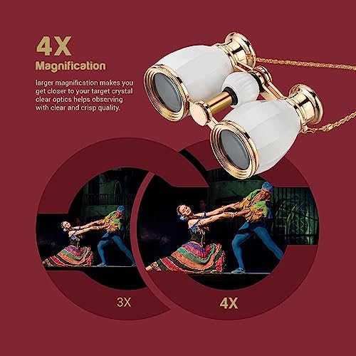 ESSLNB Opera Glasses Binoculars for Women Adults 4X30mm Theater Glasses Compact Binoculars for Theater and Concerts Antique with Case Removable Chain White